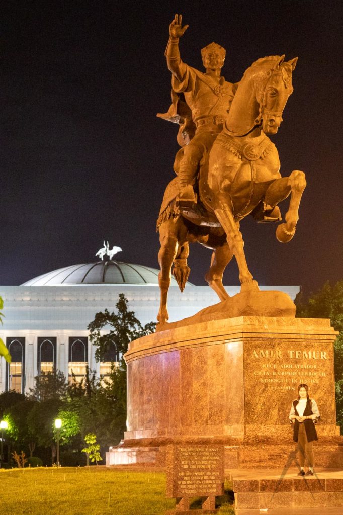 Statue of Amir Timur in Tashkent in the night lighting