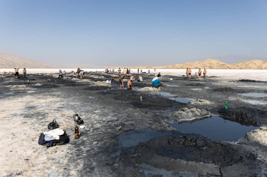 Black mineral rich mud in Aksikon, Asht salt lake near khujand