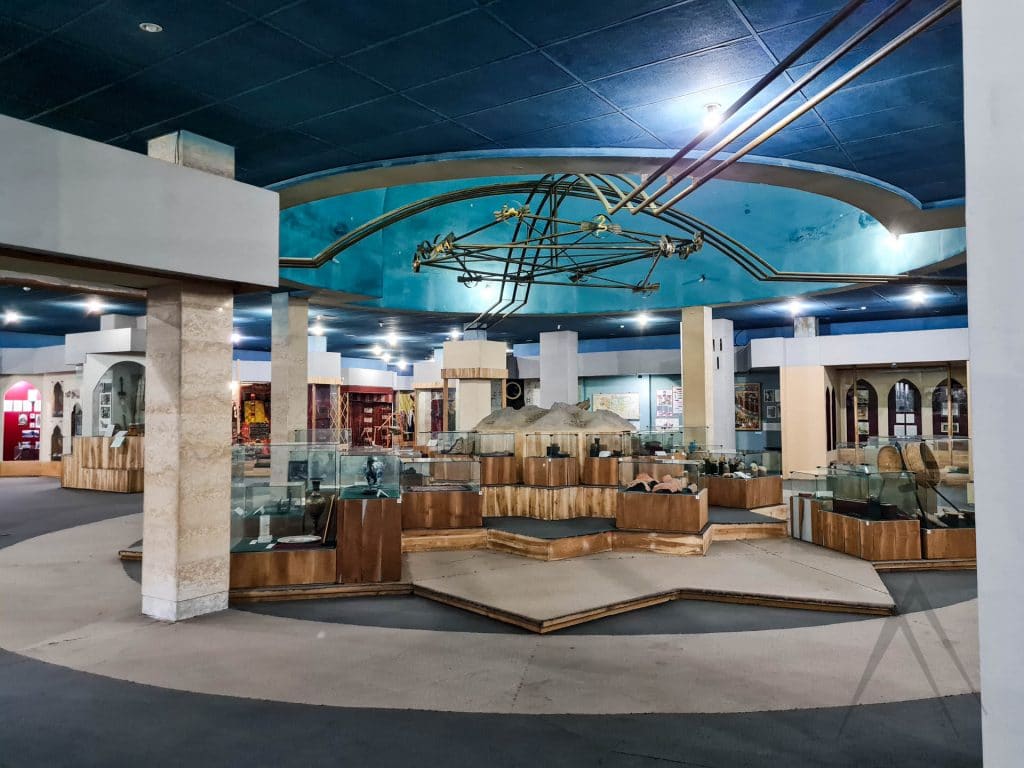 Inside osh regional museum with exhibitions and the frame of a yurt