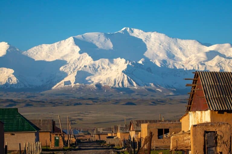 View of Lenin peak from Sary Tash village in Alai valley
