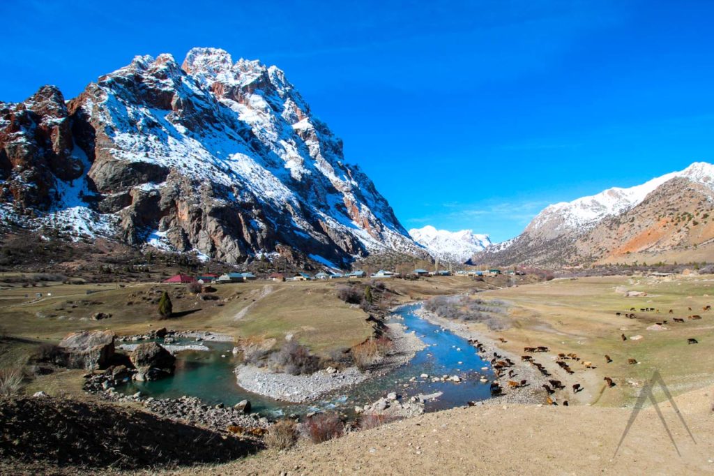 Sarytag village behind Iskander Kul