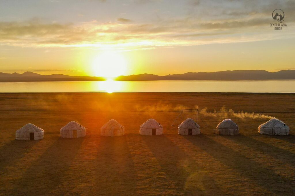 Sunset over yurt village in Song Kul